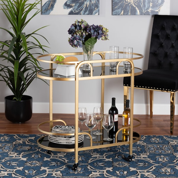 Baxton Studio Leighton Contemporary Glam and Luxe Gold Metal and Tempered Glass 2Tier Wine Cart 221-12525-ZORO - main